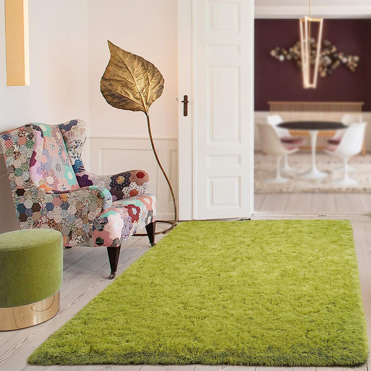 Green Plush Furry Rugs for Bedroom