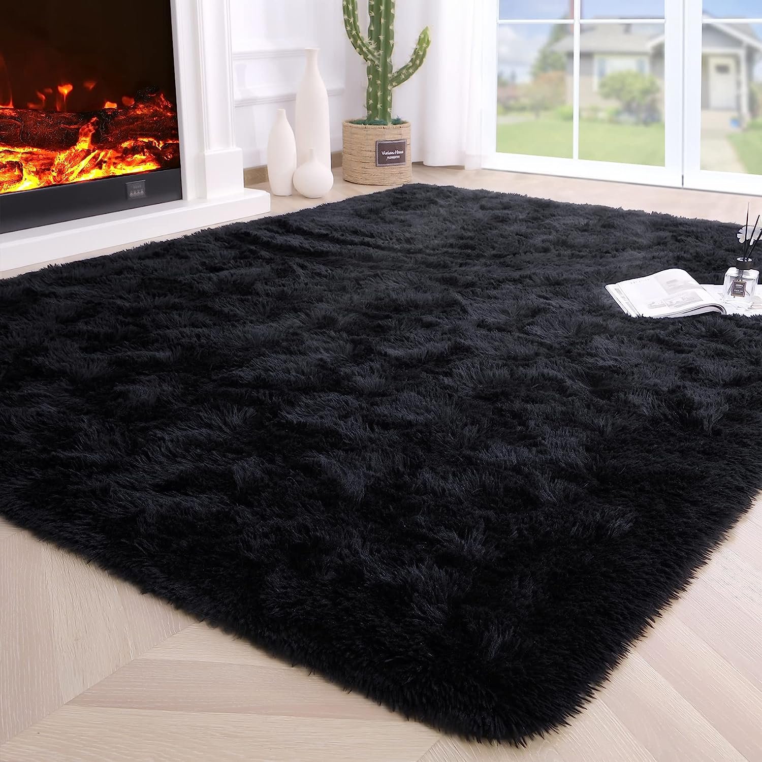 Black Fluffy Bedroom Rug Carpet