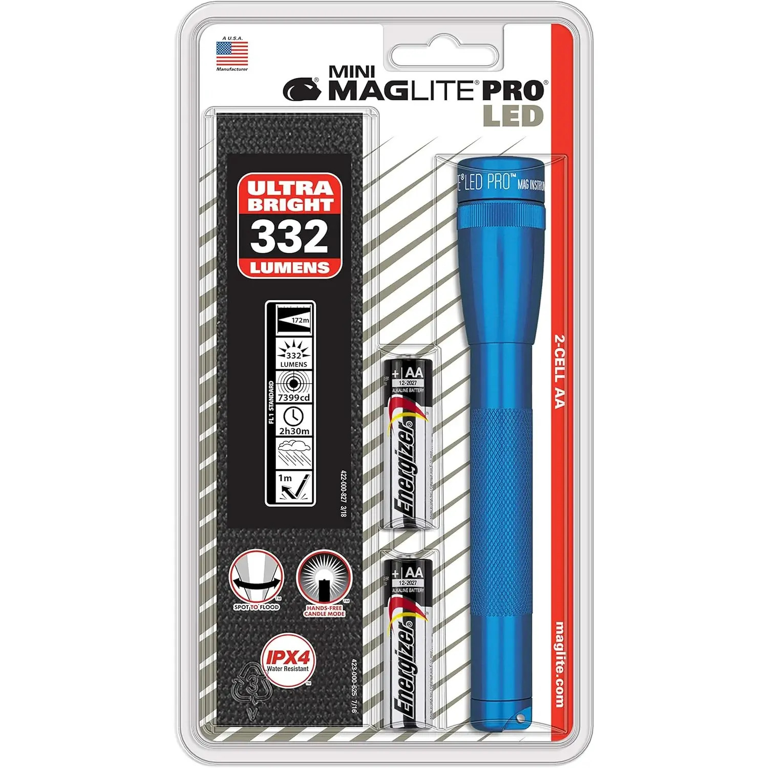 Maglite SP2P11H LED 2 Cell AA PRO Flashlight with Batteries and Holster Sleeve, Blue